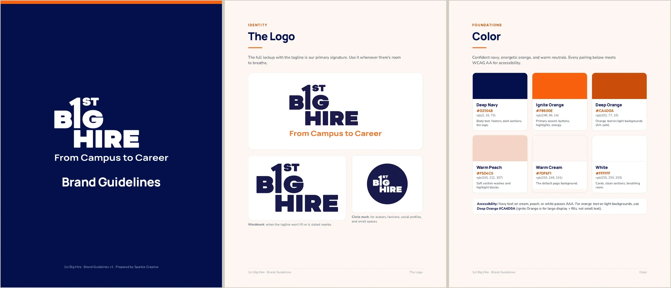 Three pages from the 1st Big Hire brand guidelines: the cover, the logo, and the color system