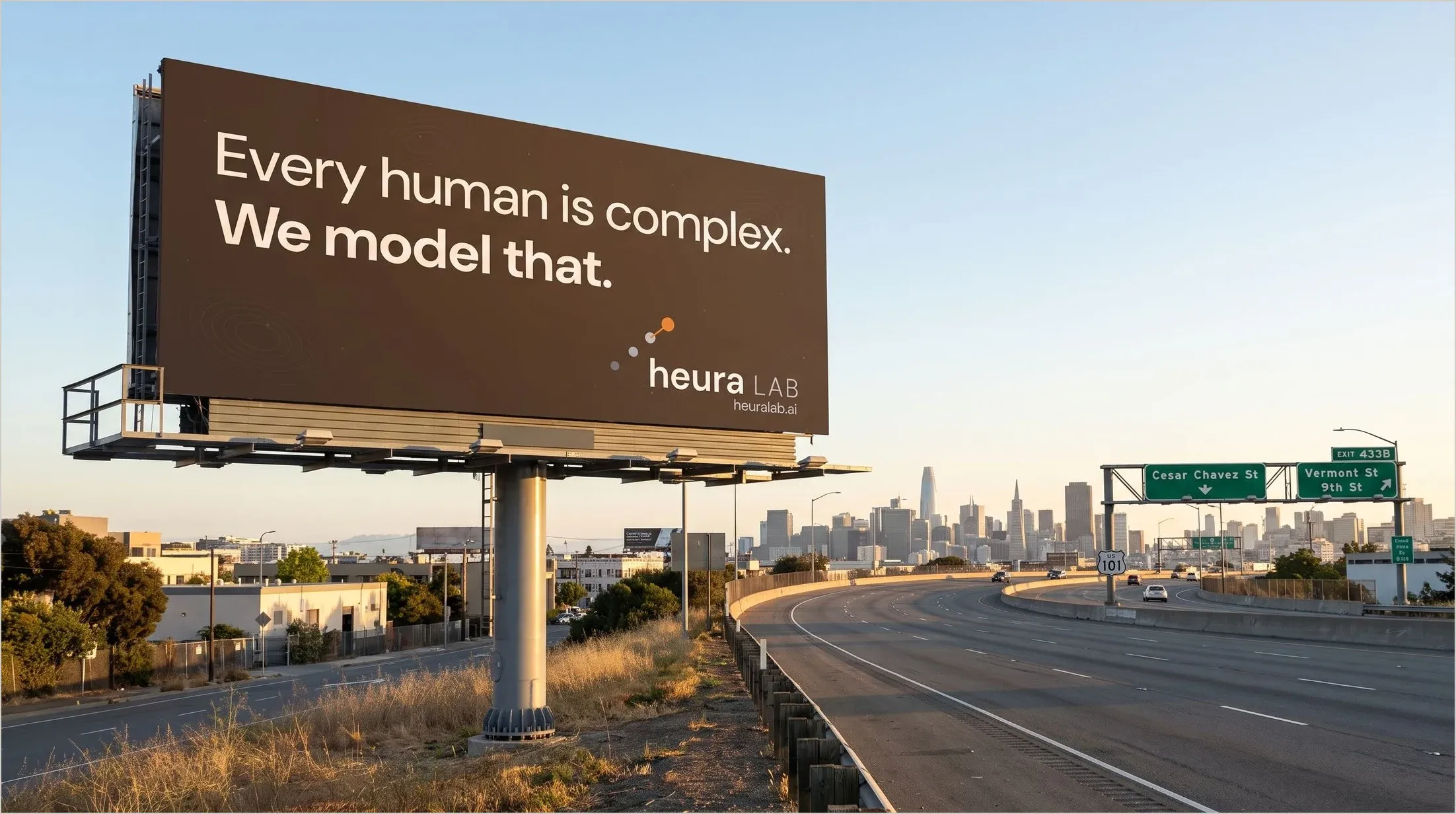 The Heura Lab billboard concept on the 101: Every human is complex. We model that.